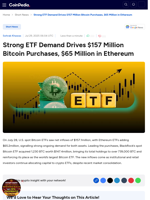 Strong ETF Demand Drives $157 Million Bitcoin Purchases, $65 Million in Ethereum