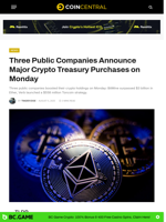 Three Public Companies Announce Major Crypto Treasury Purchases on Monday - CoinCentral