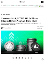 Altcoins AVAX, HYPE, WLD, Fly As Bitcoin Hovers Near All-Time High - Decrypt