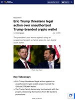 Eric Trump threatens legal action over unauthorized Trump-branded crypto wallet