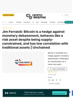 Jim Ferraioli: Bitcoin is a hedge against monetary debasement, behaves like a risk asset despite being supply-constrained, and has low correlation with traditional assets | Unchained