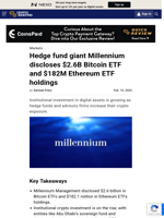 Hedge fund giant Millennium discloses $2.6B Bitcoin ETF and $182M Ethereum ETF holdings