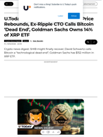 U.Today Crypto Digest: Shiba Inu Price Rebounds, Ex-Ripple CTO Calls Bitcoin ‘Dead End’, Goldman Sachs Owns 14% of XRP ETF - U.Today