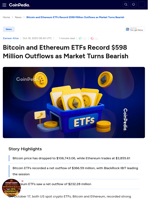 Bitcoin and Ethereum ETFs Record $598 Million Outflows as Market Turns Bearish