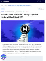 Nasdaq Files 19b-4 for Canary Capital's Hedera HBAR Spot ETF