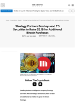Strategy Partners Barclays and TD Securities to Raise $2.1B for Additional Bitcoin Purchases