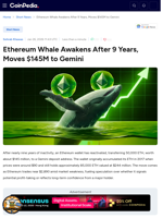 Ethereum Whale Awakens After 9 Years, Moves $145M to Gemini