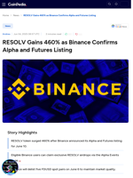 RESOLV Gains 460% as Binance Confirms Alpha and Futures Listing