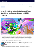 Layer Brett Overtakes Shiba Inu and Pepe Coin Hype As Experts Discuss 25,000% Potential 