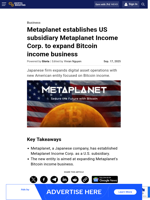 Metaplanet establishes US subsidiary Metaplanet Income Corp. to expand Bitcoin income business