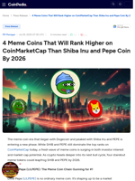 4 Meme Coins That Will Rank Higher on CoinMarketCap Than Shiba Inu and Pepe Coin By 2026