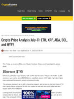 Crypto Price Analysis July-11: ETH, XRP, ADA, SOL, and HYPE