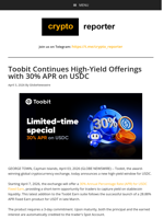 Toobit Continues High-Yield Offerings with 30% APR on USDC