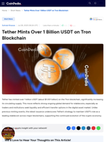 Tether Mints Over 1 Billion USDT on Tron Blockchain