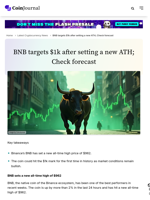 BNB targets $1k after setting a new ATH; Check forecast