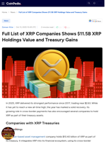 Full List of XRP Companies Shows $11.5B XRP Holdings Value and Treasury Gains