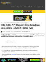 DOGE, SHIB, PEPE Plummet: Meme Coins Erase Gains Despite Early Post-Election Hype