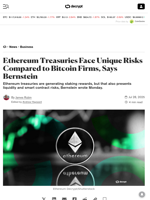 Ethereum Treasuries Face Unique Risks Compared to Bitcoin Firms, Says Bernstein - Decrypt