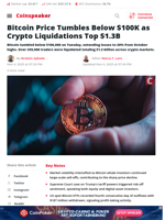 Bitcoin Price Tumbles Below $100K as Crypto Liquidations Top $1.3B - Coinspeaker