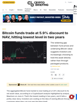 Bitcoin funds trade at 5.9% discount to NAV, hitting lowest level in two years