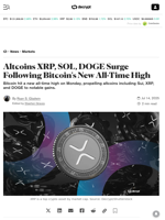 Altcoins XRP, SOL, DOGE Surge Following Bitcoin's New All-Time High - Decrypt