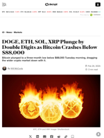 DOGE, ETH, SOL, XRP Plunge by Double Digits as Bitcoin Crashes Below $88,000 - Decrypt
