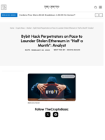 Bybit Hack Perpetrators on Pace to Launder Stolen Ethereum in “Half a Month”: Analyst