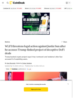 WLFI threatens legal action against Justin Sun after he accuses Trump-linked project of deceptive DeFi deals