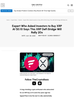 Expert Who Asked Investors to Buy XRP At $0.10 Says This XRP DeFi Bridge Will Rally 20x