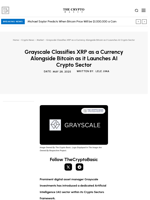 Grayscale Classifies XRP as a Currency Alongside Bitcoin as it Launches AI Crypto Sector