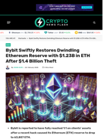 Bybit Swiftly Restores Dwindling Ethereum Reserve with $1.23B in ETH After $1.4 Billion Theft