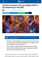 Cardano Founder Accuses Ripple of Surrendering to the SEC