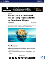 Bitcoin drops to three-week low as Trump reignites tariffs on Canada and Mexico