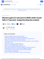 Monero gains 8.1 percent to $592 while Zcash falls 3.7 percent: outperforming the market: Guest Post by CryptoTicker ENG | CoinMarketCap