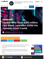 Hacker Who Stole $282 million Last Week, Launders $63M Via Tornado Cash: CertiK | Live Bitcoin News