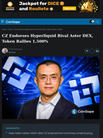 CZ Endorses Hyperliquid Rival Aster DEX, Token Rallies 1,500%