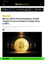 Bitcoin (BTC) Price Prediction: $120K Target in Focus as Rate Cut Odds Soar to 99% - CoinCentral