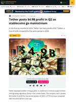Tether Posts $4.9B Profit in Q2 as Stablecoins Go Mainstream