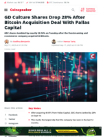 GD Culture Shares Drop 28% After $875M Bitcoin Deal