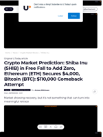 Crypto Market Prediction: Shiba Inu (SHIB) in Free Fall to Add Zero, Ethereum (ETH) Secures $4,000, Bitcoin (BTC): $110,000 Comeback Attempt - U.Today