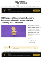 OCC urges US community banks to become stablecoin issuers before January 2027 deadline