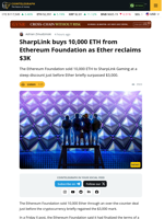 SharpLink Buys 10,000 ETH from EF as Ether Reclaims $3K