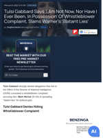 Tulsi Gabbard Says 'I Am Not Now, Nor Have I Ever Been, In Possession' Of Whistleblower Complaint, Slams Warner's 'Blatant Lies'  - Benzinga