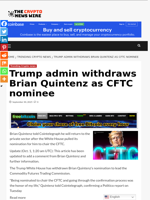 Trump admin withdraws Brian Quintenz as CFTC nominee - The Crypto News Wire