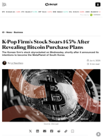 K-Pop Firm's Stock Soars 143% After Revealing Bitcoin Purchase Plans - Decrypt