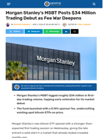 Morgan Stanley’s MSBT Posts $34 Million Trading Debut as Fee War Deepens