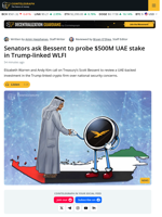 Senators Urge CFIUS Probe of $500M UAE Stake in Trump-Linked WLFI