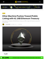 Ether Machine Pushes Toward Public Listing with $2.16B Ethereum Treasury