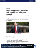 Fed’s Miran pushes for 50 bps cut, says 25 bps ‘minimum’ needed