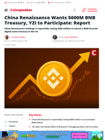 China Renaissance Eyes $600M BNB Treasury, YZi Joins In